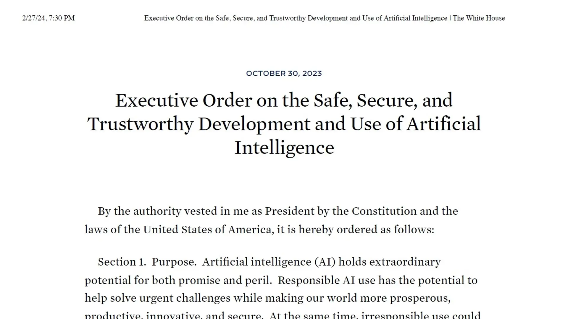 Executive Order on the Safe, Secure, and Trustworthy Development and Use of Artificial Intelligence, (Oct. 30, 2023)