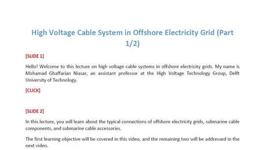 C1: High Voltage Cable System in Offshore Electricity Grid (Part 1/2) Transcript