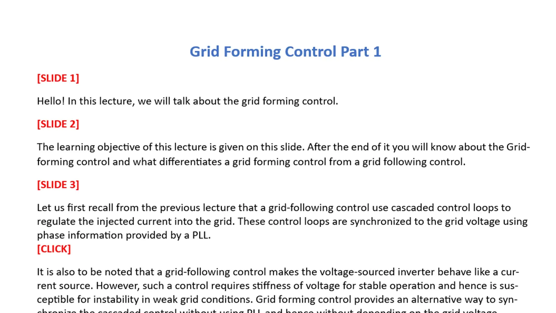 C2: Grid Forming Control: Part 1 Transcript