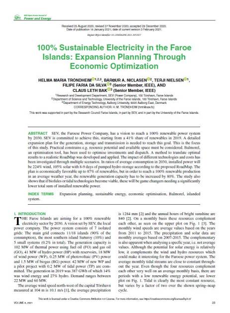 100% Sustainable Electricity in the Faroe Islands: Expansion Planning Through Economic Optimization