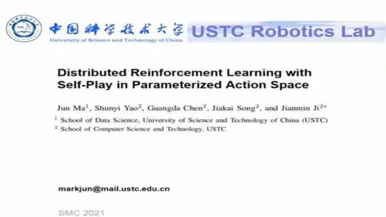 Distributed Reinforcement Learning with Self-Play in Parameterized Action Space